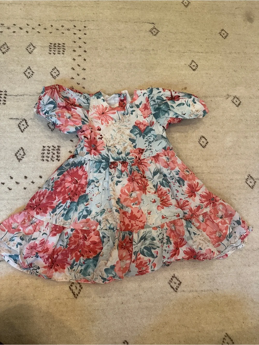 Janie and Jack Coral and Teal Floral Puff-Sleeve Dress